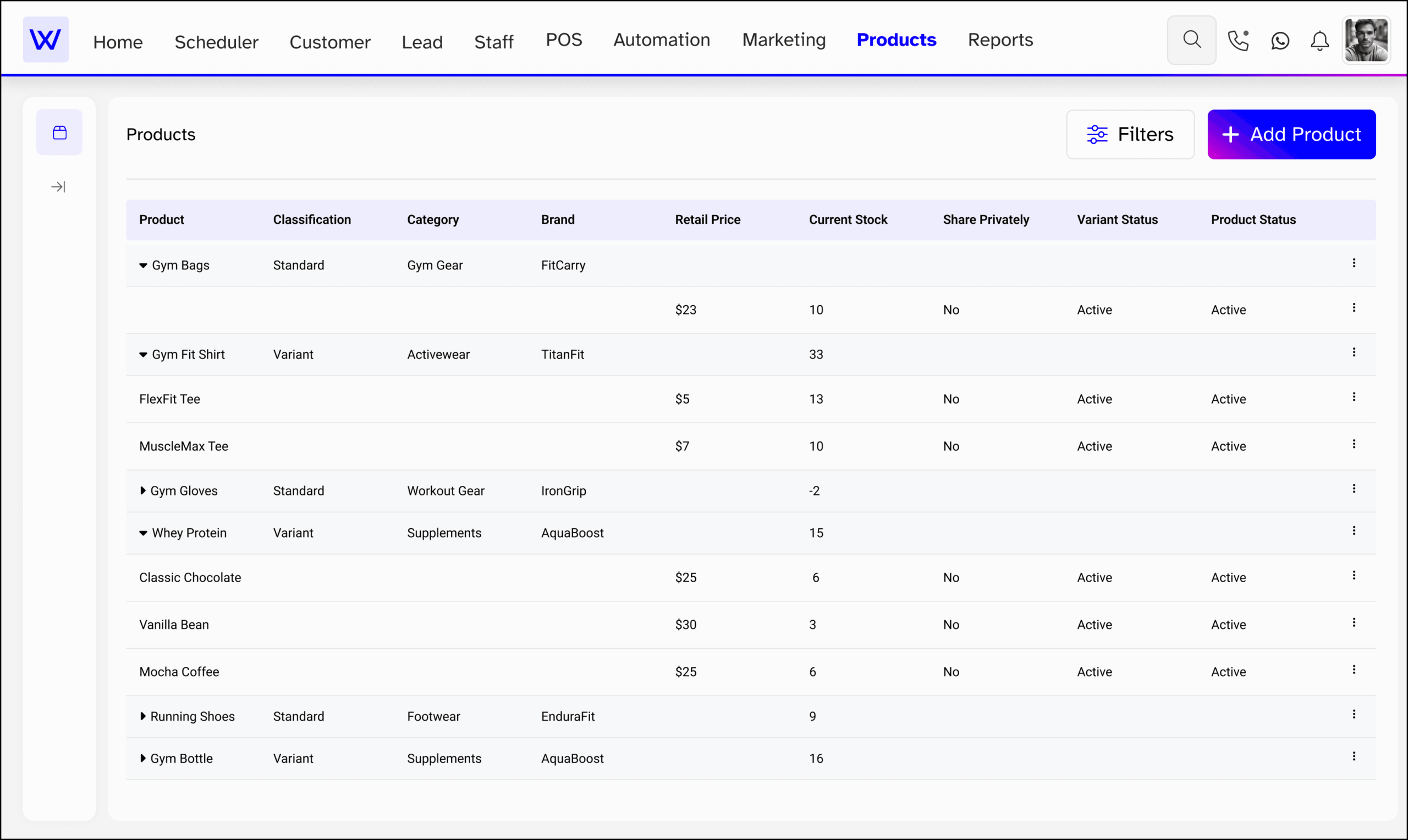 Fitness Studio Inventory stock management