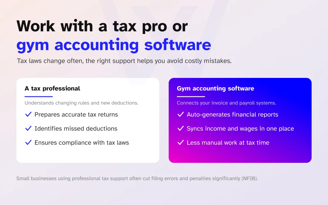 Professional guidance or gym accounting software helps fitness businesses manage taxes